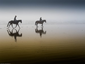 Two equestrian riders, girls on horseback, in low tide reflections on serene Morro Strand State Beach